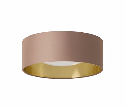 Plafonnier cylindrique avec abat-jour en tissu beige et intérieur doré, diffuseur blanc.