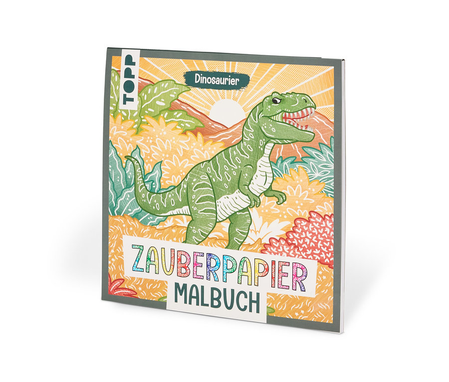 Livre de coloriage papier magique TOPP "Dinosaures" avec un T-Rex vert dans une scène de jungle sur la couverture.