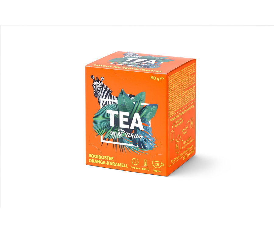 Boîte orange de TEA by Tchibo Rooibos orange-caramel – 8x 20 sachets.