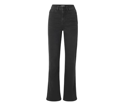 Jean taille haute gris foncé à jambe droite avec poches avant visibles.