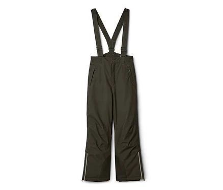 Pantalon de neige vert foncé avec bretelles réglables, poches zippées aux hanches et bandes réfléchissantes sur le bas des jambes.