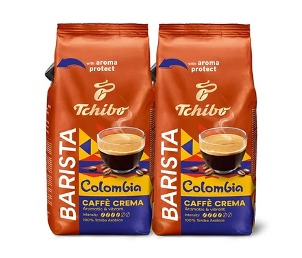 Deux paquets de café Tchibo Barista Colombia Caffè Crema, aromatique et vibrant, avec protection de l'arôme.