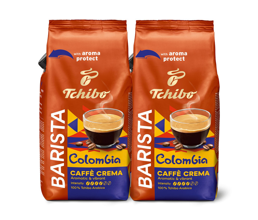 Deux paquets de café Tchibo Barista Colombia Caffè Crema, aromatique et vibrant, avec protection de l'arôme.