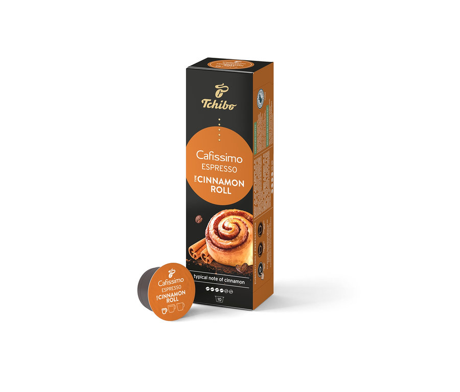 Un paquet de Cafissimo Espresso Cinnamon Roll 10 capsules, avec une capsule individuelle à côté.
