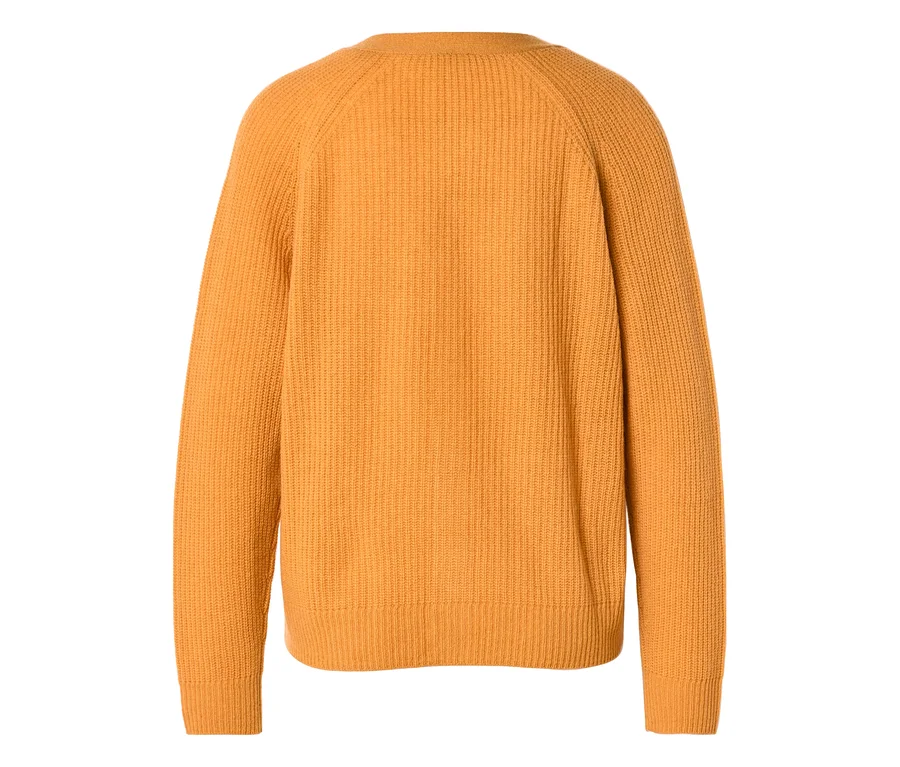 Vue de dos d'un pull orange en maille côtelée avec col rond et manches raglan.