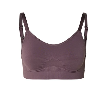 Un soutien-gorge aubergine avec des bretelles réglables repose sur un fond blanc.