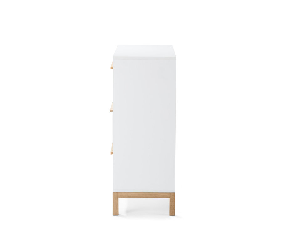 Vue latérale d'un meuble bas de salle de bain blanc.