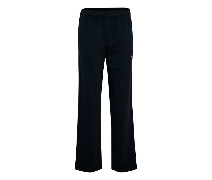 Le pantalon de survêtement HUMMEL pour femme en noir est posé sur un fond blanc.