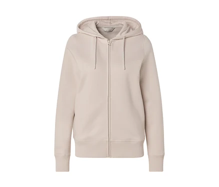 Sweat à capuche beige avec fermeture éclair et cordon de serrage à la capuche.