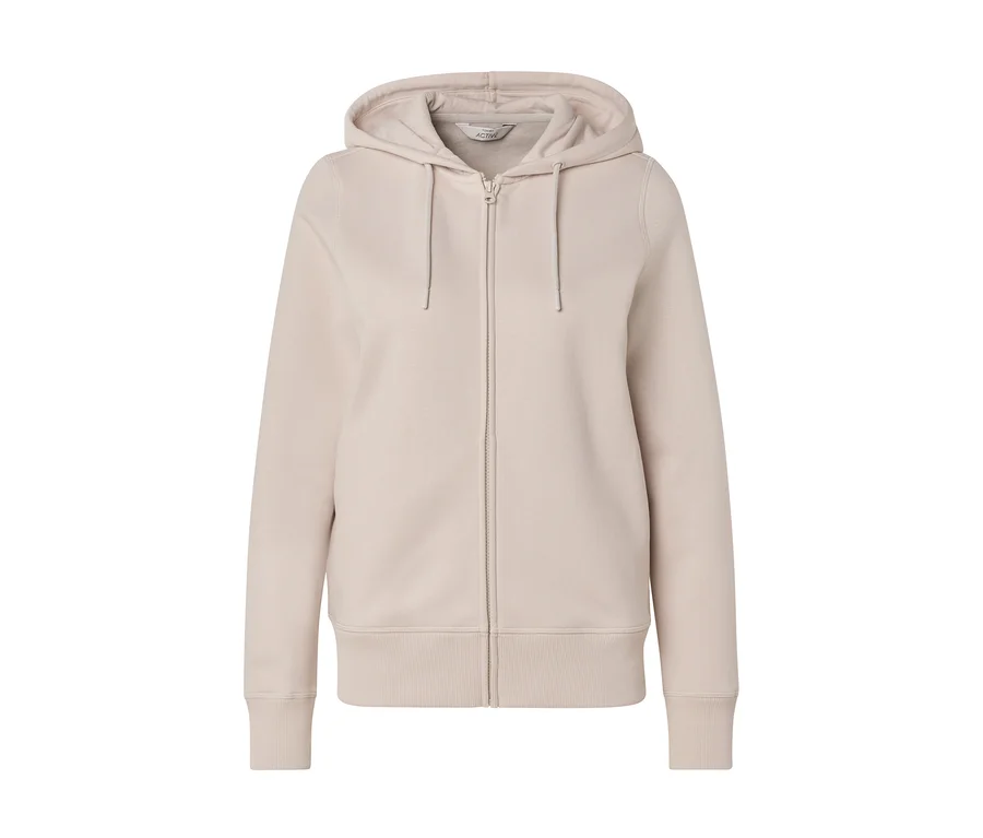 Sweat à capuche beige avec fermeture éclair et cordon de serrage à la capuche.