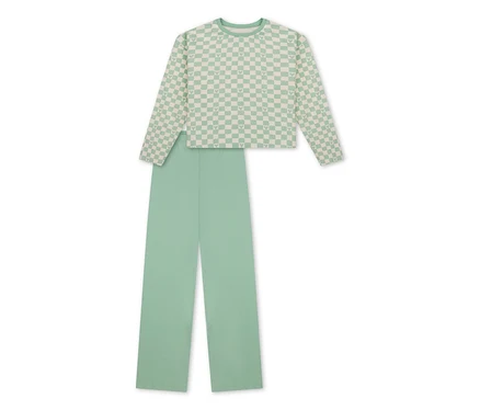 Pyjama Interlock pour enfant SCHIESSER, haut à manches longues à carreaux vert clair et crème, pantalon vert clair uni.
