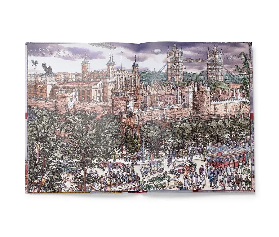 Une illustration du livre « Micro Crimes – das Krimi-Suchbuch » représente un paysage urbain avec beaucoup de personnes, de voitures et de bâtiments.