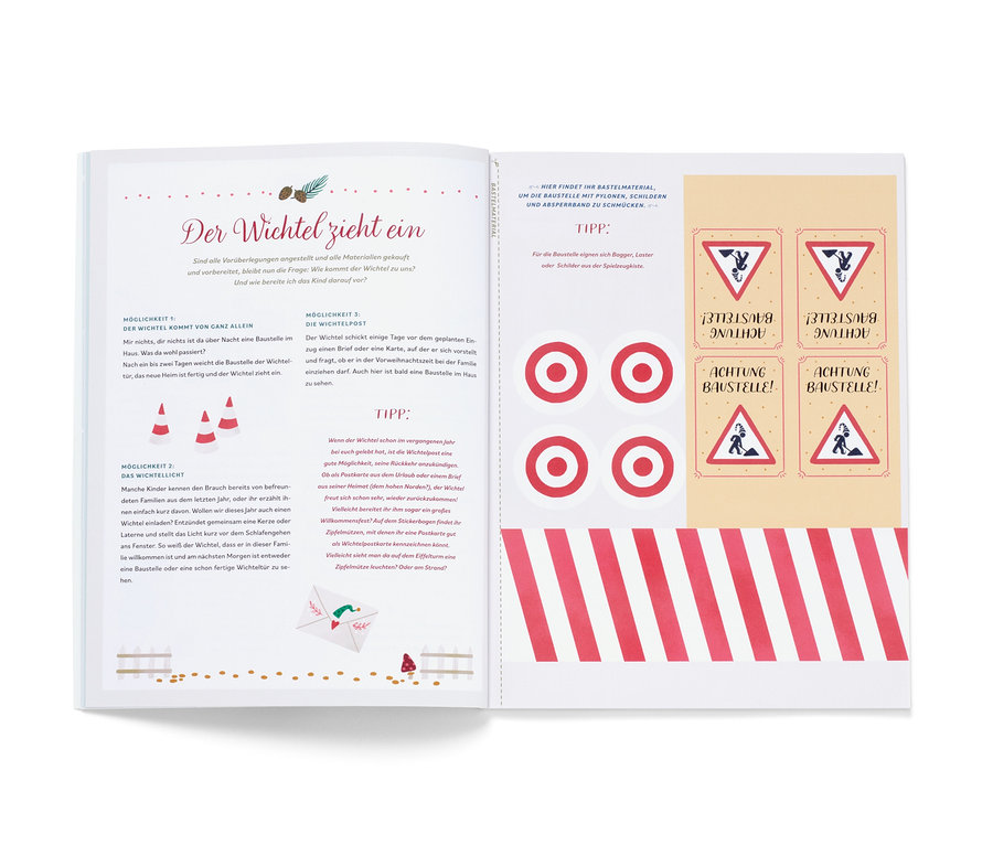 Livre ouvert avec illustrations et texte, comprenant des autocollants avec des cônes de signalisation et des panneaux d'avertissement. Le livre s'intitule « Hurra, ein Wichtel zieht ein! » (en allemand).