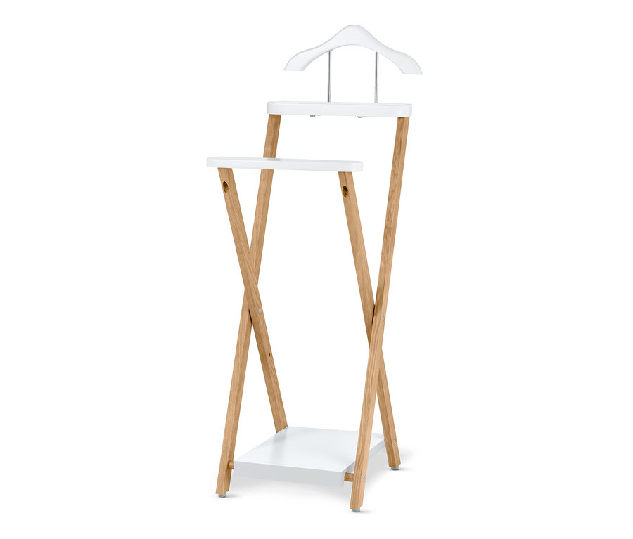 Un valet de chambre pliant avec deux étagères blanches et un cintre en haut.