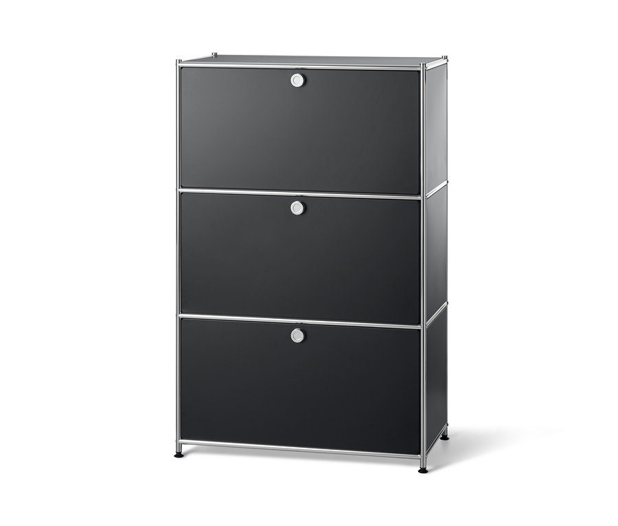 Étagère noire en métal avec trois compartiments à abattants.