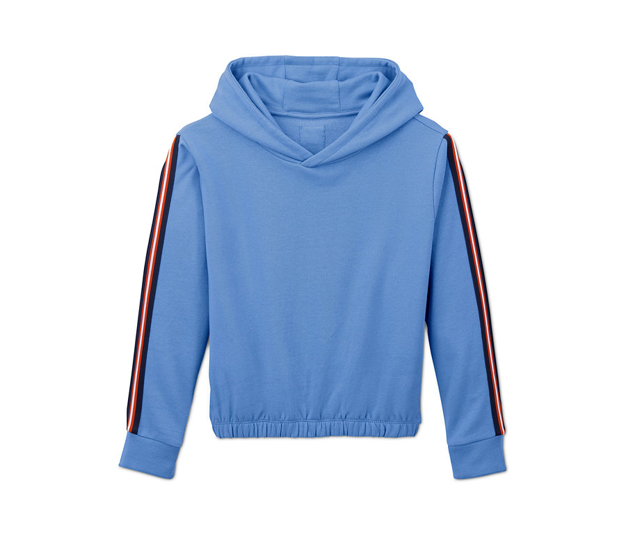 Un sweat-shirt court à capuche bleu clair avec des rayures sur les manches.