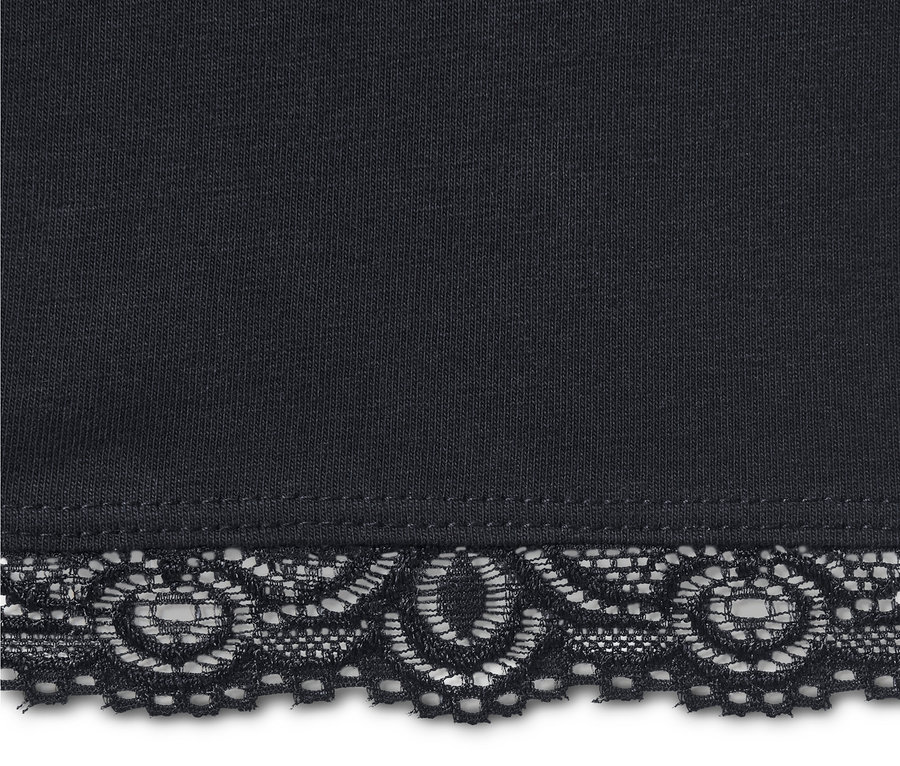 Gros plan sur un legging 3/4 noir avec bordure en dentelle.