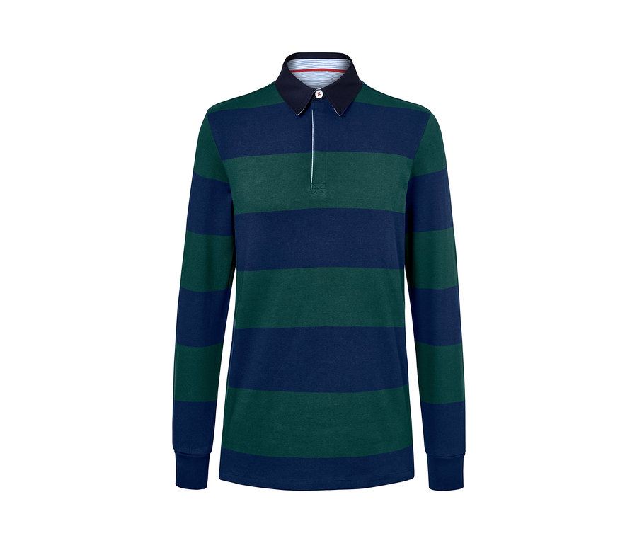 Polo manches longues à rayures horizontales bleu marine et vertes.