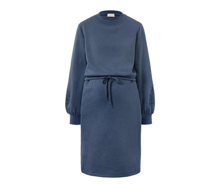Robe molletonnée de grossesse et d'allaitement bleue à manches longues avec cordon de serrage à la taille.