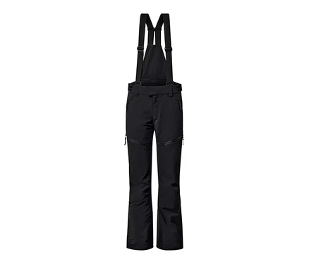 Un pantalon de ski high-tech noir avec des bretelles et des fermetures éclair.