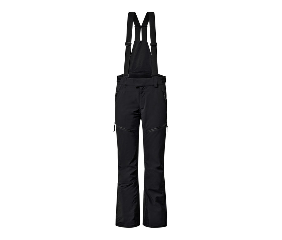 Un pantalon de ski high-tech noir avec des bretelles et des fermetures éclair.