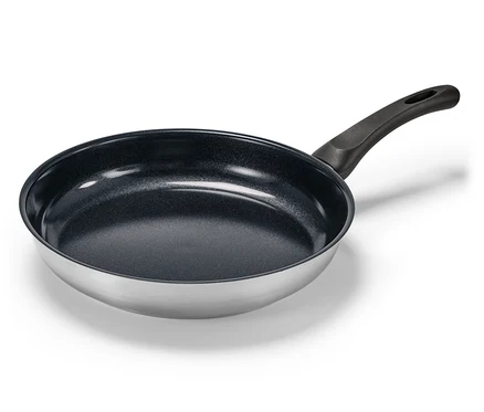 Poêle en inox avec revêtement en céramique, diamètre d'environ 28 cm.