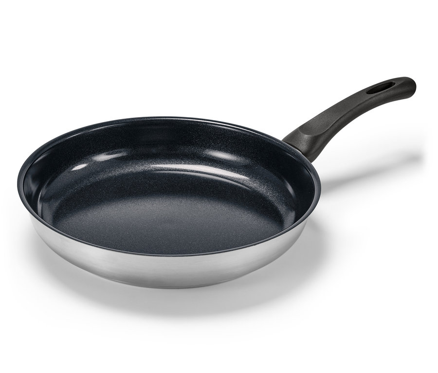 Poêle en inox avec revêtement en céramique, diamètre d'environ 28 cm.