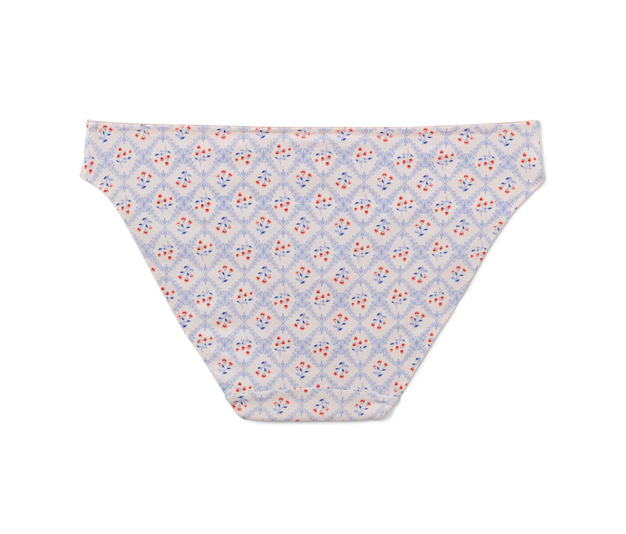 Gros plan d'un slip blanc à motifs floraux bleus et rouges. 5 Slips.