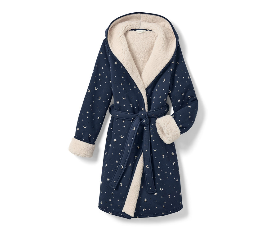 Robe de chambre moelleuse bleu marine à capuche avec doublure en peluche et motif étoiles et lune.