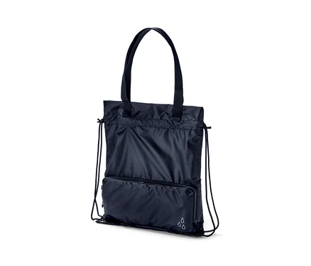 Sac à dos et tote bag 2 en 1 bleu marine avec poignées et cordon de serrage.