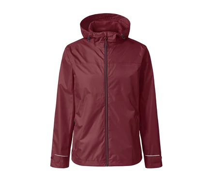 Veste de pluie bordeaux avec capuche.