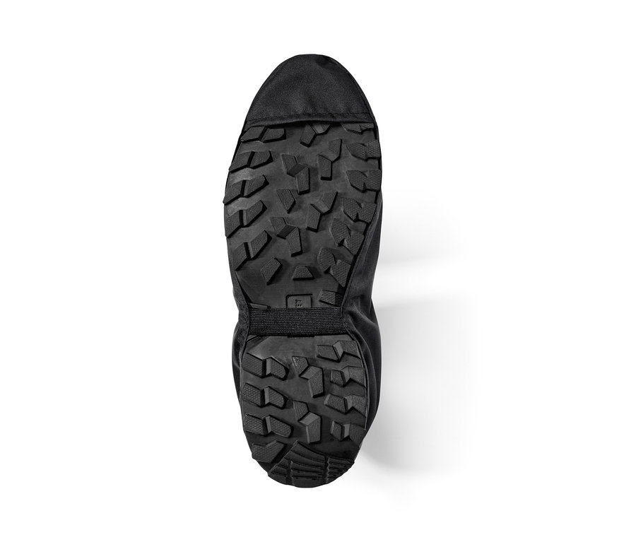 Couvre-chaussure de pluie noir avec semelle en caoutchouc.