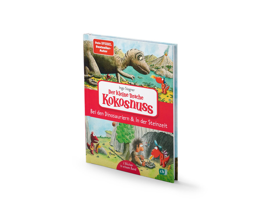 Le livre « Der kleine Drache Kokosnuss – Bei den Dinosauriern & In der Steinzeit » montre un dinosaure et un petit dragon.