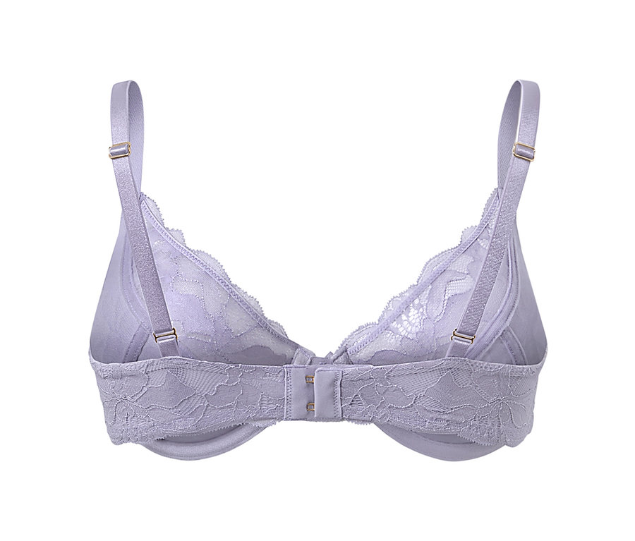 Vue détaillée d'un soutien-gorge à armatures violet avec de la dentelle.