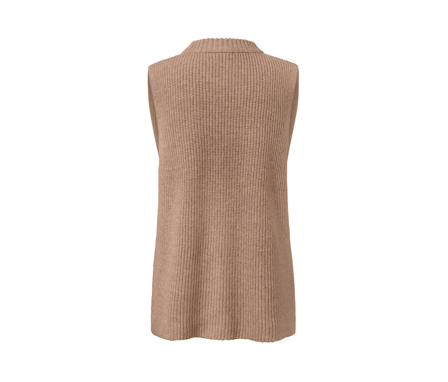 Vue détaillée de l'arrière d'un pull sans manches en maille beige chiné.