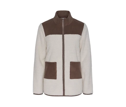 Veste en teddy beige et marron avec fermeture éclair et poches.