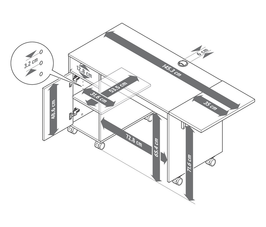 Les dimensions de la table multifonction avec un plateau de table extensible sont indiquées par des flèches.