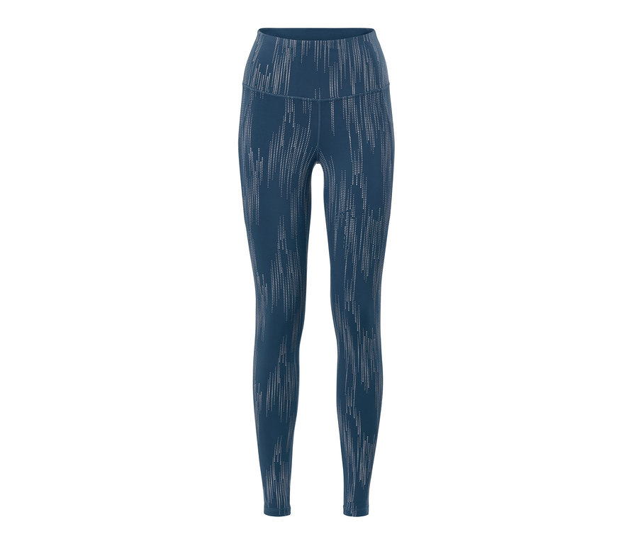 Legging de sport bleu avec imprimé réfléchissant argenté.