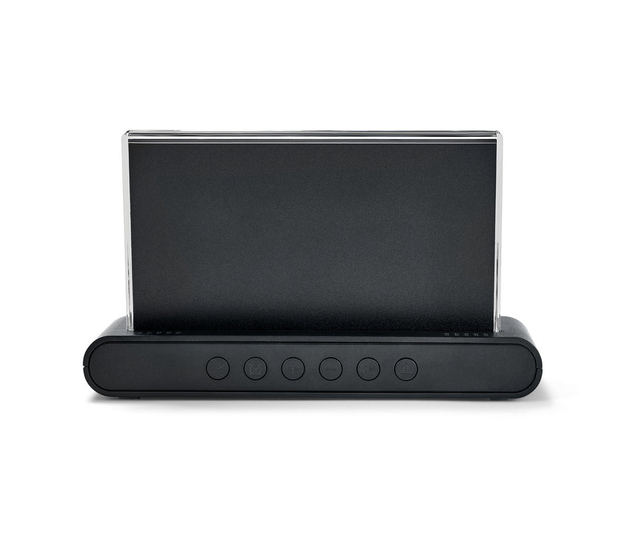 Station météo radio noire avec capteur extérieur.