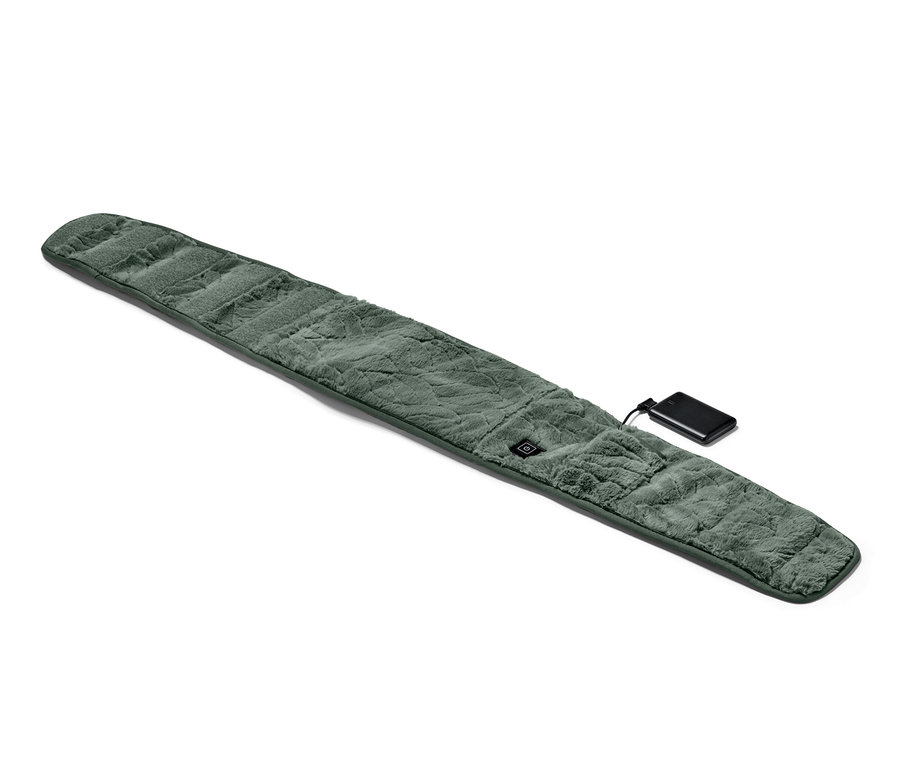 Une ceinture chauffante à batterie verte avec une batterie noire sur un fond blanc.
