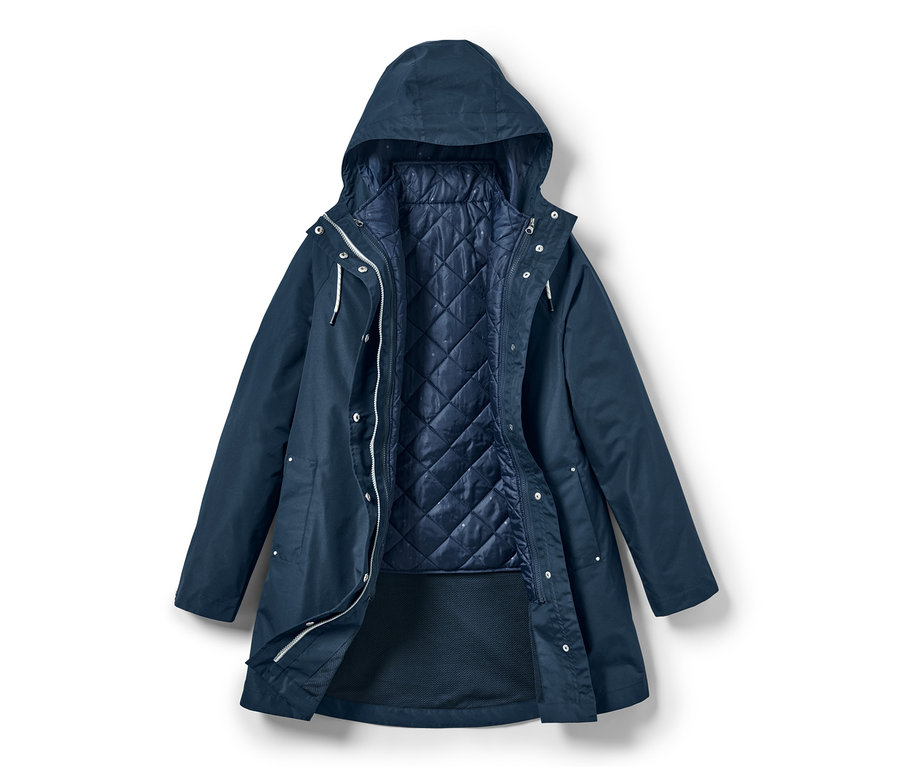 Veste de pluie 3 en 1 bleu marine ouverte avec capuche.