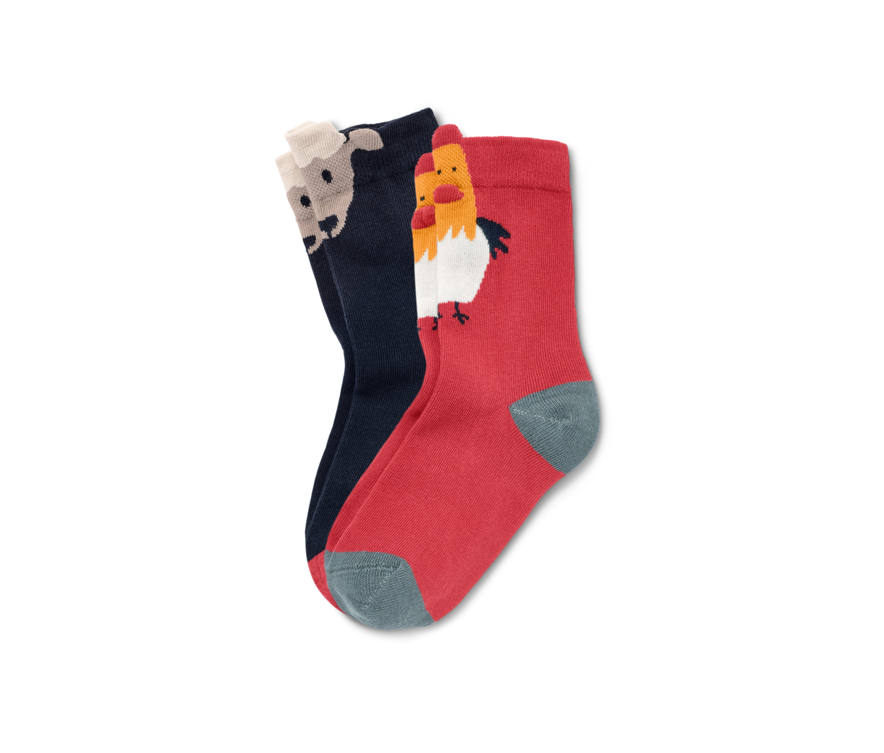 Deux paires de chaussettes 3D pour tout-petits. Une paire est bleu foncé avec un motif de mouton, l'autre est rouge avec un motif de coq.
