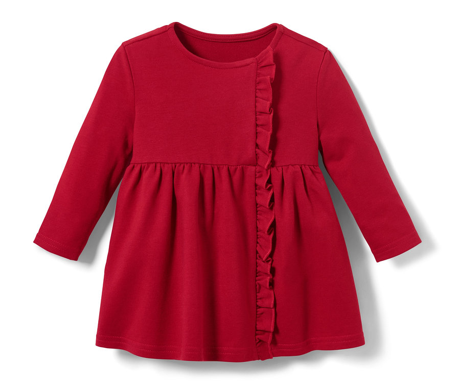 Robe sweat rouge pour bébé avec manches longues et volant.