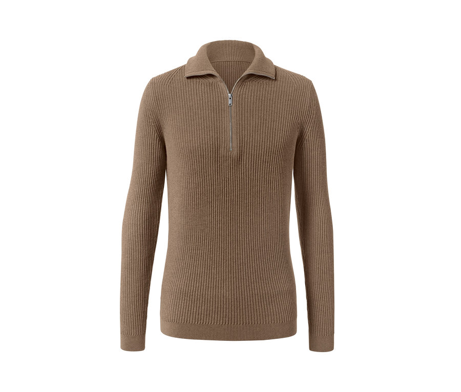 Un pull camionneur marron à manches longues avec une fermeture éclair.