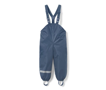 Pantalon de pluie thermique bleu foncé pour enfant avec bretelles et bande réfléchissante sur la jambe.