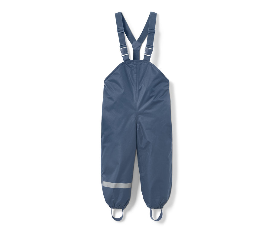Pantalon de pluie thermique bleu foncé pour enfant avec bretelles et bande réfléchissante sur la jambe.