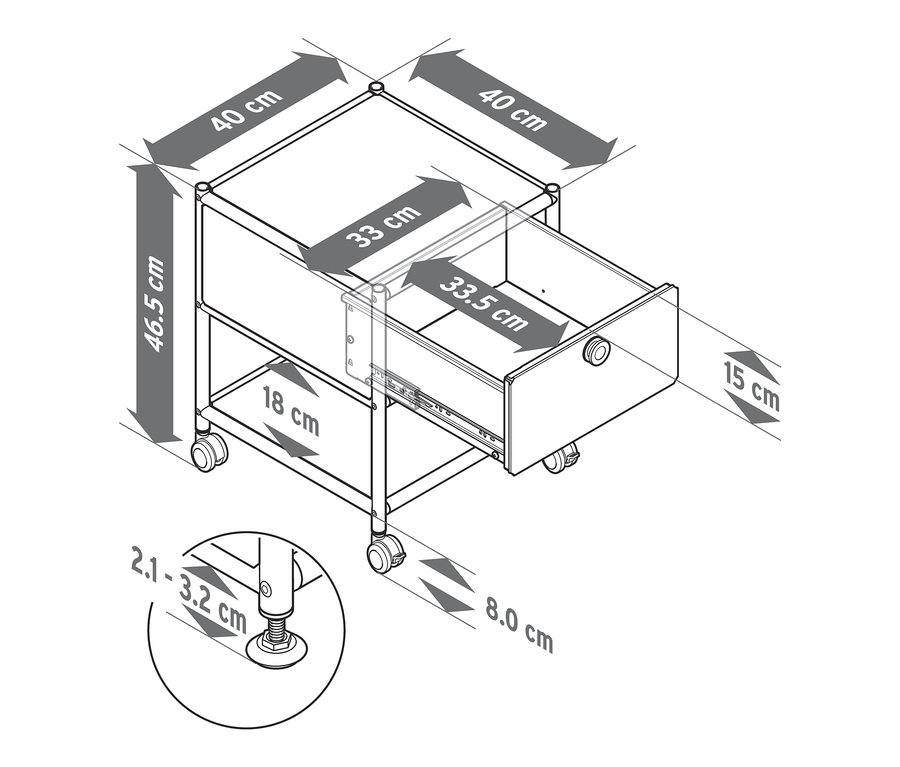 Illustration d'une table d'appoint avec tiroir en métal « CN3 » avec dimensions.