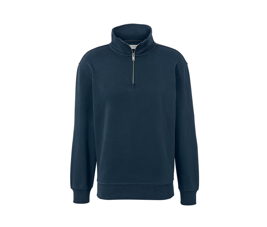 Sweatshirt camionneur bleu marine avec fermeture éclair courte.