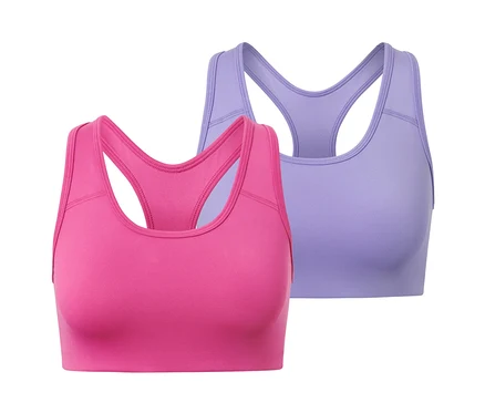 Deux brassières de sport : une rose et une violette.