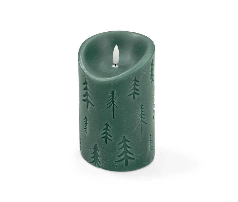 Bougie à LED en cire véritable verte avec motif d'arbres.